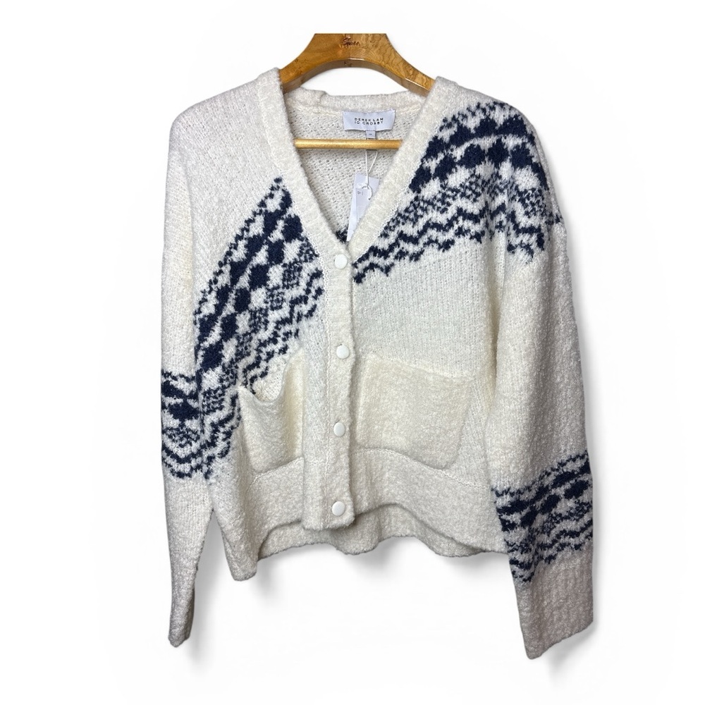 NWT Derek Lam 10 Crosby Womens Bette Fair Isle Cardigan XL White Navy Modern Lux - Picture 5 of 12